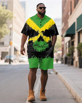 Men's Plus Size Green Yellow Black Colorblock Skull Print Short Sleeve Polo Shirt Shorts Suit